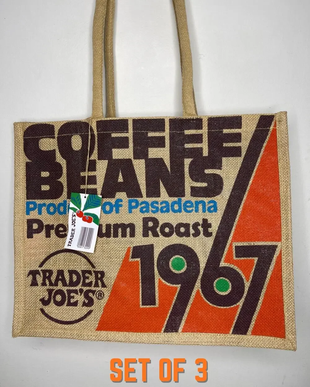 Set 3x Trader Joe's Coffee Beans 100% Jute Large 9 Gallon Reusable Tote Bag NWT!